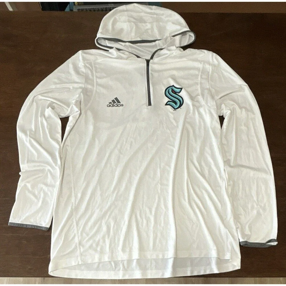 adidas AEROREADY Seattle Kraken Men’s 1/2 Zip Hoodie White Size L HG4974. 0207